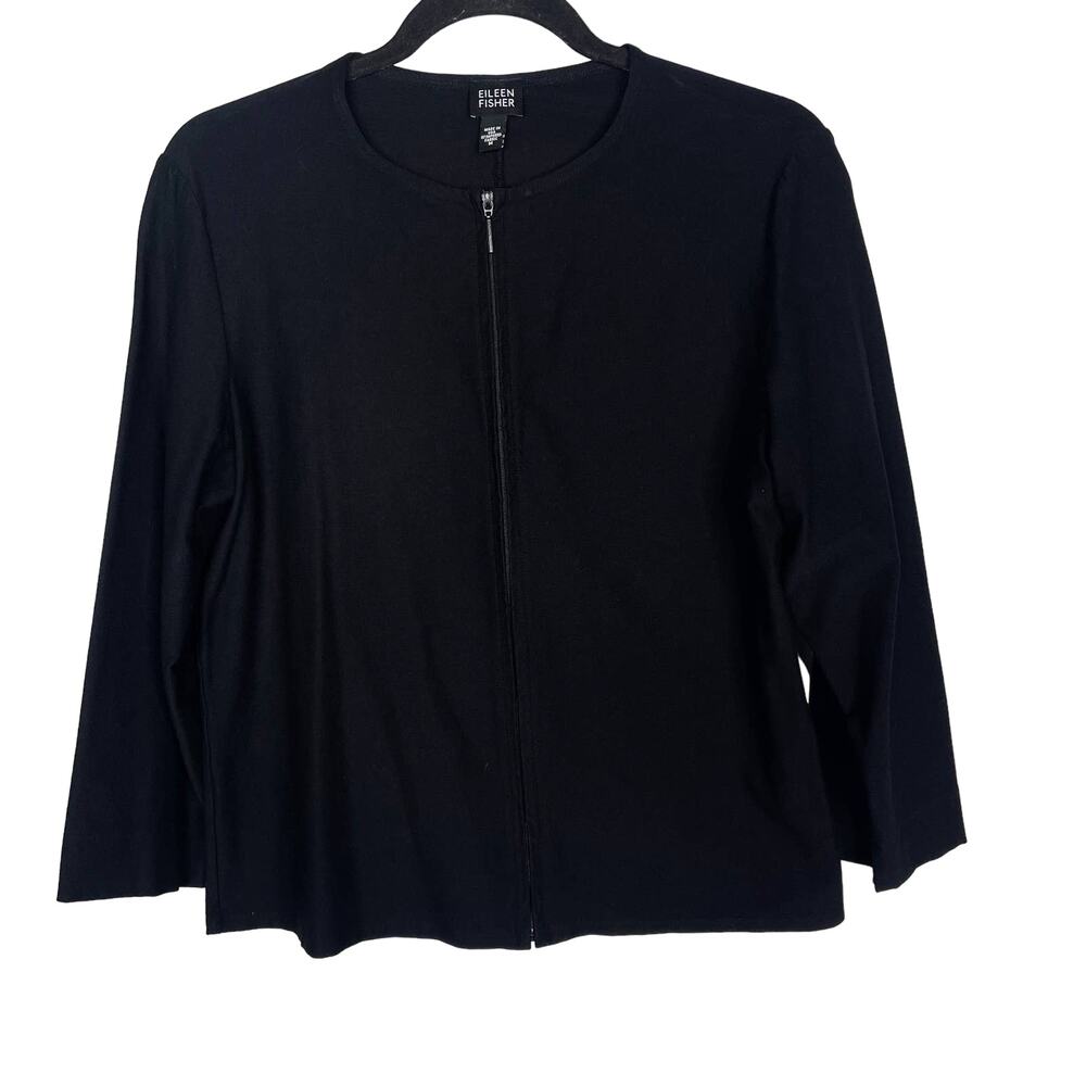 Eileen Fisher M Black 3/4 Sleeve Zip Front Cardigan Top Viscose Nylon Stretch